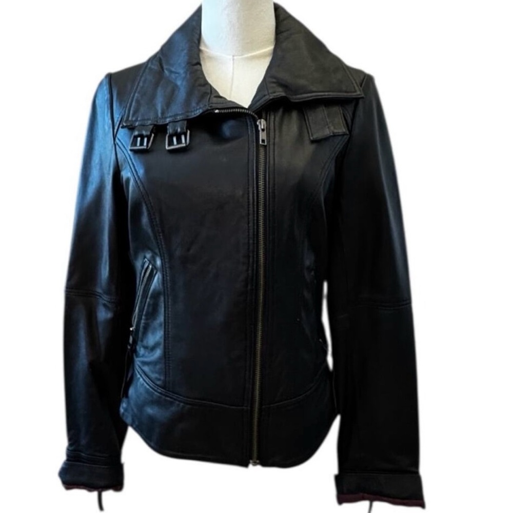 Calvin Klein Black Leather Funnel Collar High Neck Asymmetrical Moto Jacket XS - Picture 5 of 10